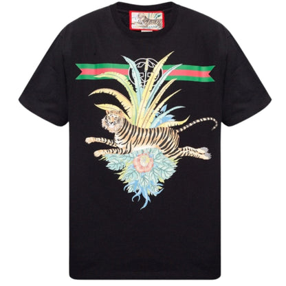 Gucci Flower Tiger Design Regular Fit Black T-Shirt S