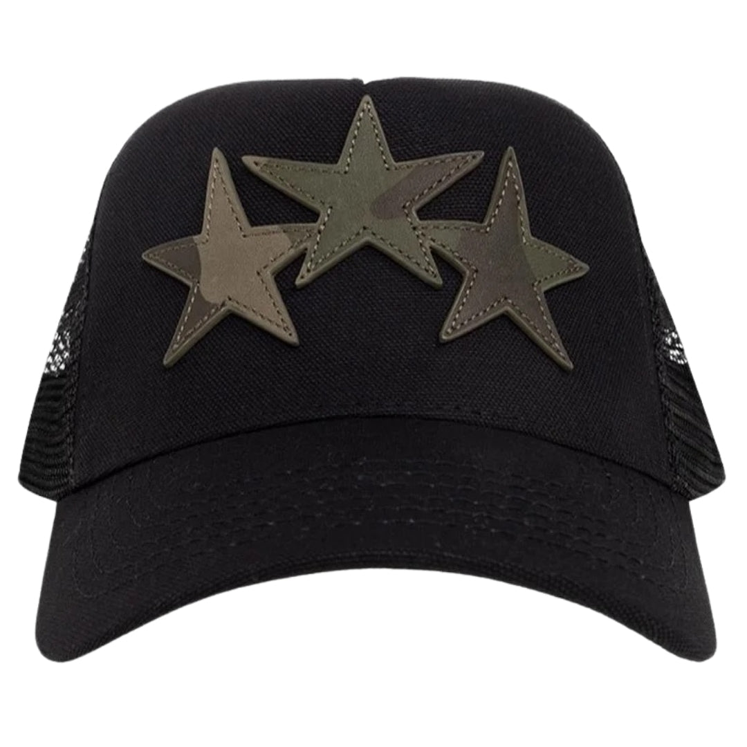 Amiri Three Camo Star Black Trucker Hat One Size