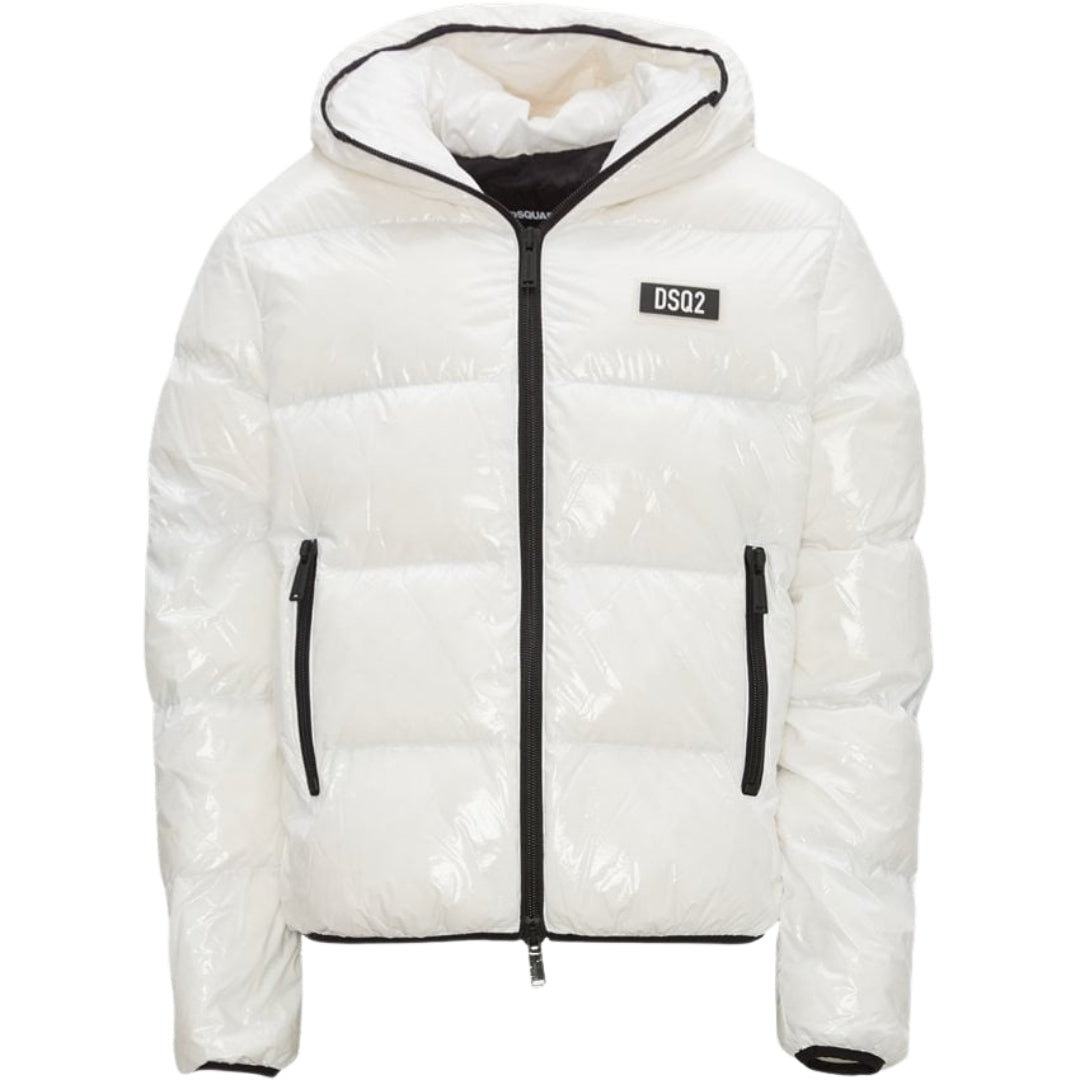 Dsquared2 Patch Logo Shiny White Down Jacket. D2 White Jacket